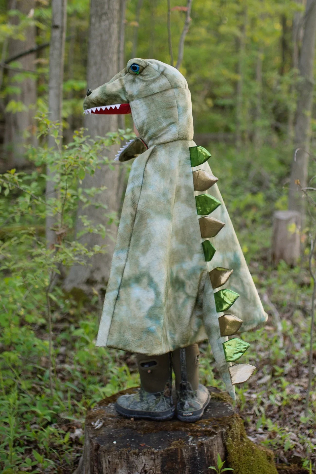 A child wearing the Great Pretenders Grandasaurus T-Rex Cape with Claws stands proudly on a tree stump in a forested area, embodying the spirit of Halloween.