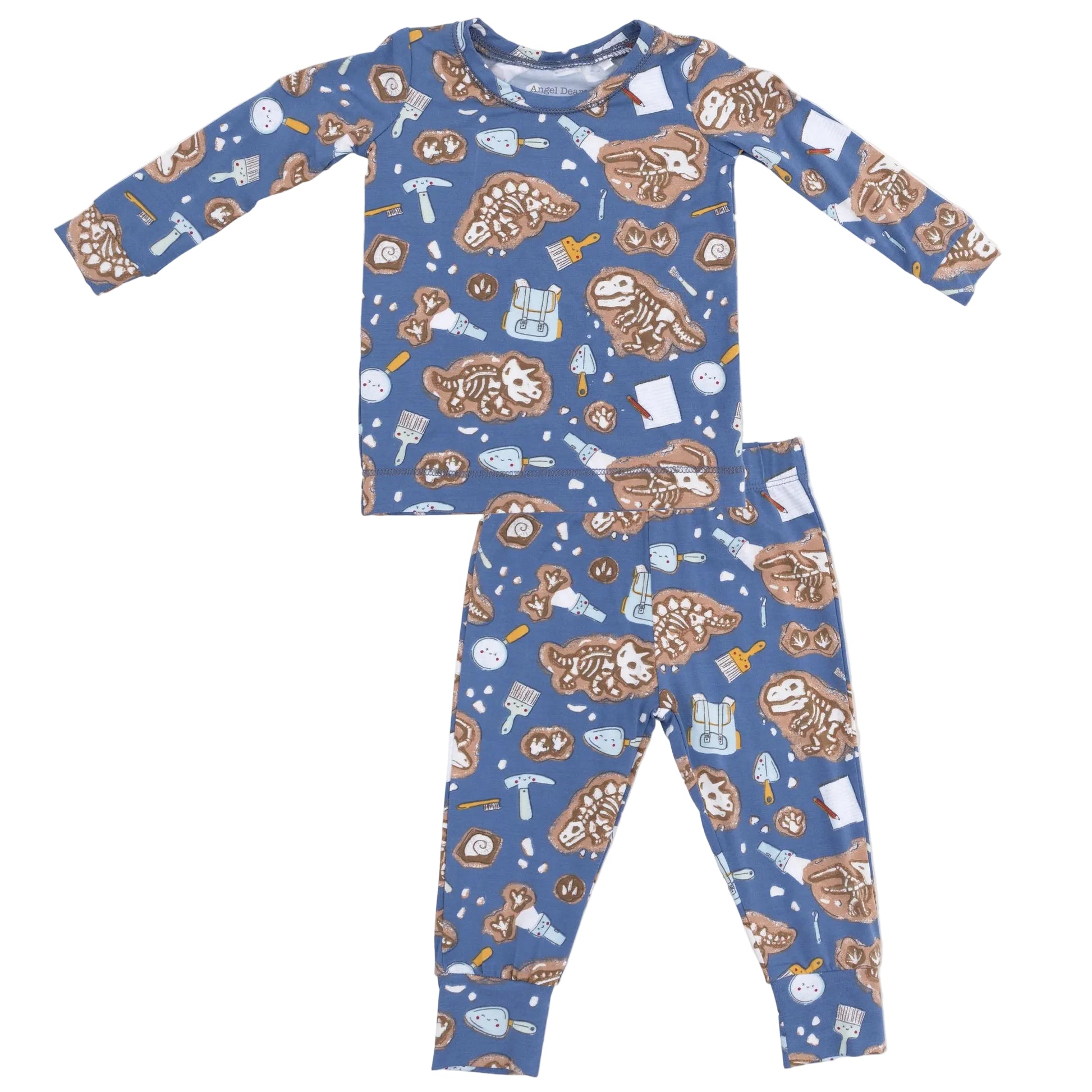The Angel Dear Baby and Kids’ Long Sleeve Loungewear Set showcases a playful blue design with brown sloths, clocks, books, and mugs. This cozy pajama set includes a matching top and pants, making it perfect for relaxing in comfort and style.