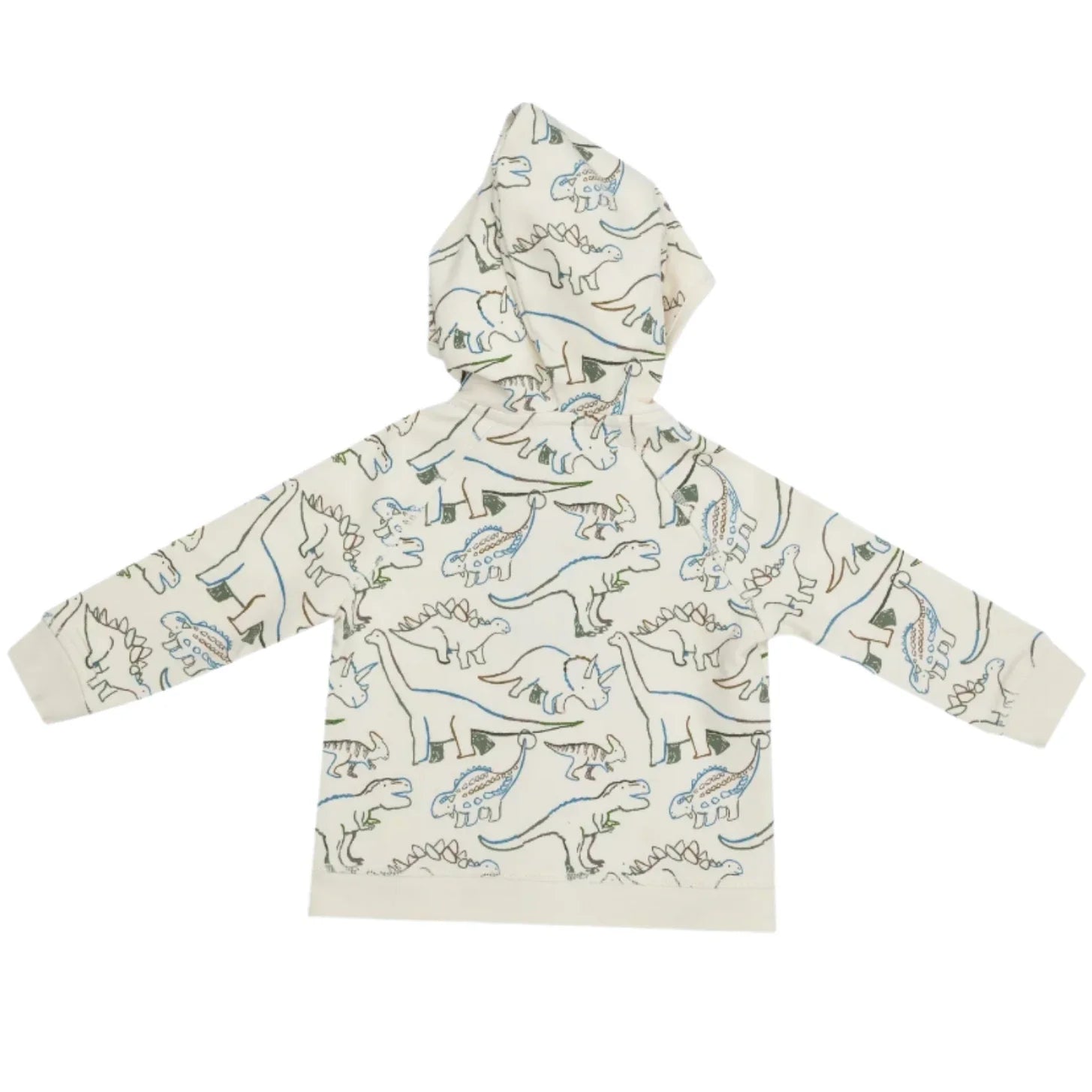 The Angel Dear Artsy Dinos Hoodie and Joggers set features a cream-colored hoodie adorned with a playful dinosaur pattern in blue and black, crafted from soft organic cotton for ultimate comfort.