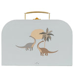 The Konges Slojd Artist Set, a children's suitcase with handle, showcases two dinosaurs and palm trees against a sun on a light background—ideal for the creative little artist.