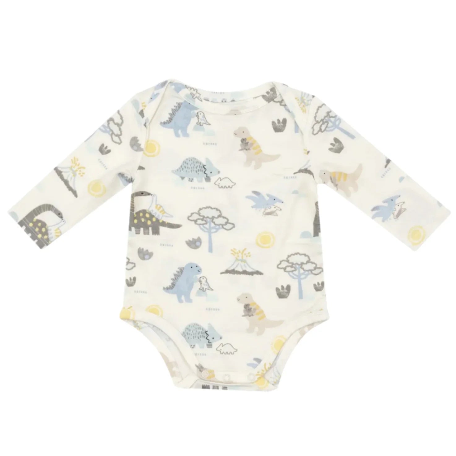 The Angel Dear Baby Love Dinos Bodysuit, designed by Angel Dear, showcases gentle pastel dinosaur and tree patterns on a soft white background. Made from cozy bamboo fabric, it ensures comfort for delicate skin and is ideal for everyday use. Additionally, it offers the convenience of being machine washable.