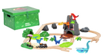 Unleash a prehistoric adventure with the Brio World Train Set Dinosaur Deluxe Set by Brio, featuring a toy train set and wooden tracks that journey through volcanoes, dinosaurs, and trees. This exciting dino-experience is neatly stored in a green box labeled "Brio World.