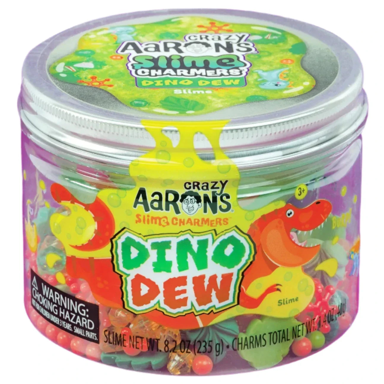 A jar of Crazy Aarons Slime Charmers, featuring an entertaining dinosaur design, provides vibrant themed slimes complete with DIY-inspired slime charms.