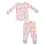 The Angel Dear Floral Dinos L/S Loungewear Set is a delightful children's pink pajama set featuring vibrant dinosaur and tree patterns. Made from soft viscose sourced from bamboo, it has long sleeves and ribbed cuffs for added comfort, making it ideal for any young explorer. Plus, its machine washable design on a gentle cycle ensures that bedtime stays comfortably cozy.