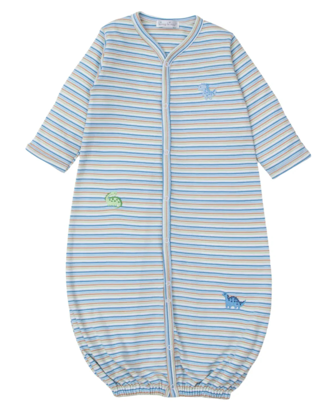 The Kissy Kissy Dinosaur Domain Striped Convertible Gown features long sleeves and is crafted from soft Pima cotton. It showcases blue, white, and yellow stripes with embroidered dinosaur patches and a convenient front zipper closure for easy changes.