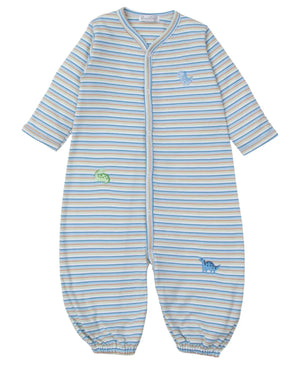 Kissy Kissy presents the Dinosaur Domain Striped Convertible Gown, featuring a soft Pima cotton fabric adorned with dinosaur prints. The gown showcases blue, white, and beige stripes and is designed with elastic cuffs and a convenient wrap-around closure.