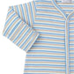 Close-up of the Kissy Kissy Dinosaur Domain Striped Convertible Gown, crafted from soft Pima cotton, featuring blue, orange, and beige stripes. This comfy piece includes a button-down front and long sleeves, reminiscent of a cozy playsuit.