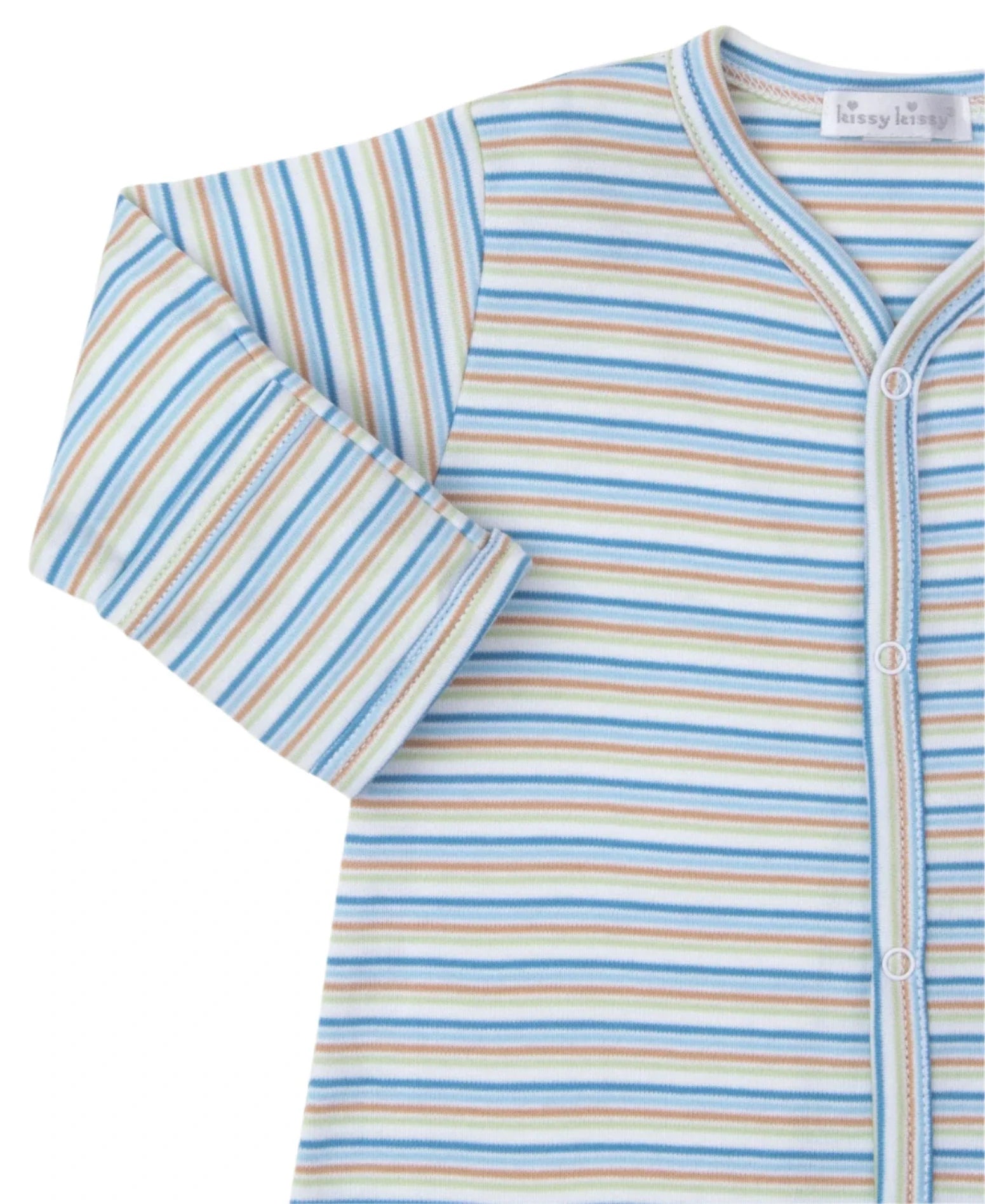 Close-up of the Kissy Kissy Dinosaur Domain Striped Convertible Gown, crafted from soft Pima cotton, featuring blue, orange, and beige stripes. This comfy piece includes a button-down front and long sleeves, reminiscent of a cozy playsuit.