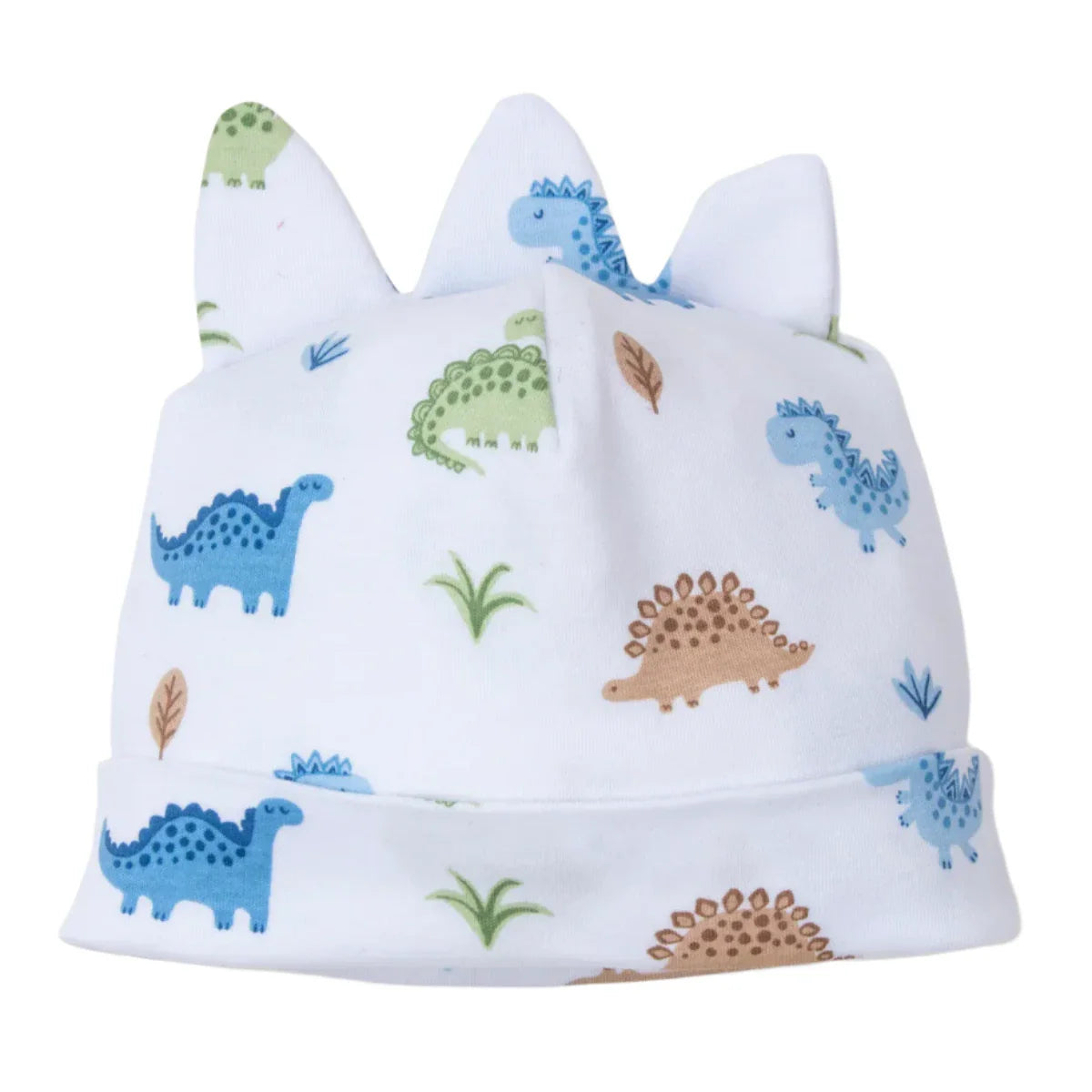 The Kissy Kissy Dinosaur Printed Novelty Hat by Kissy Kissy is a soft white baby hat made from Pima cotton, showcasing a playful dinosaur pattern with small colorful prints and cute fabric spikes on top.