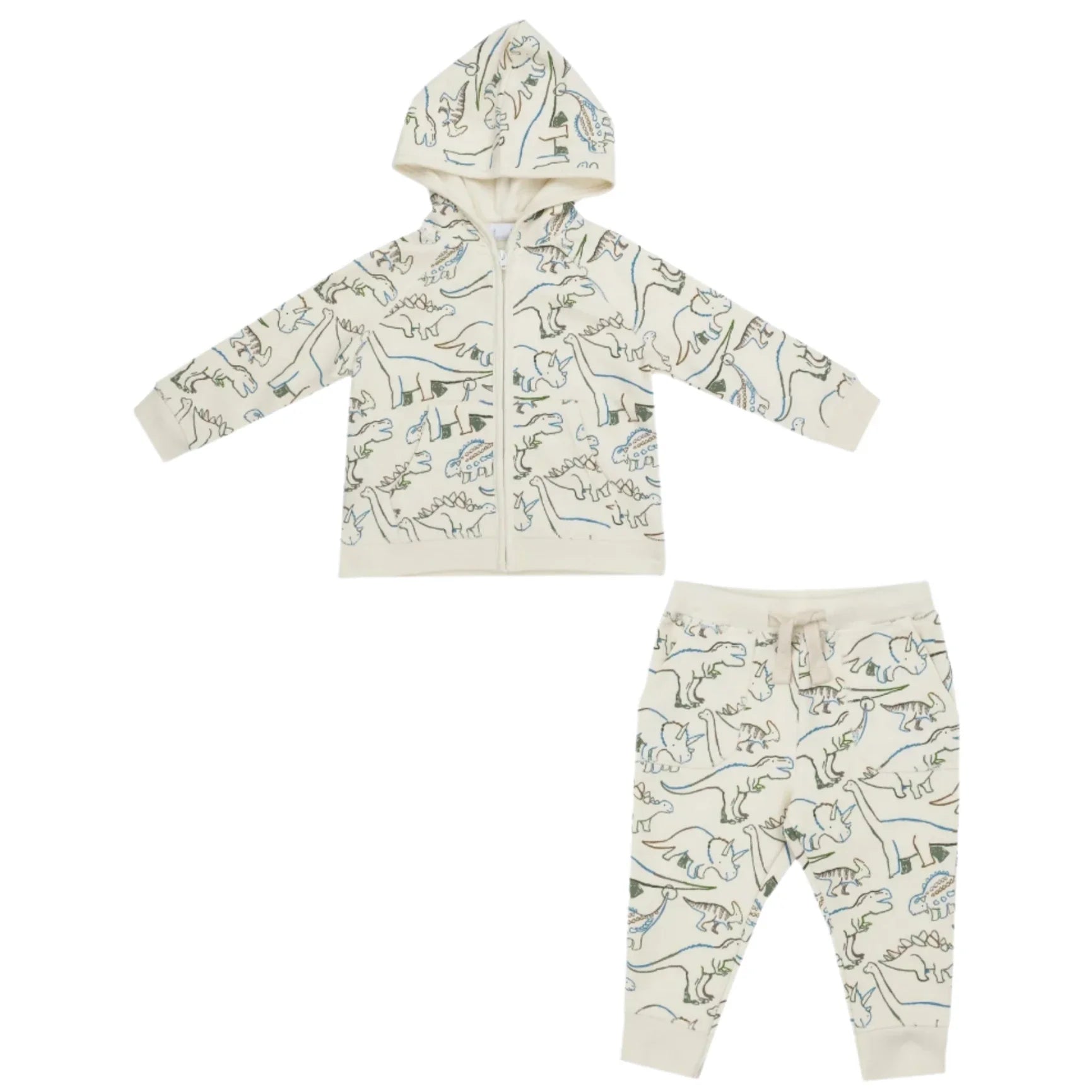 The Angel Dear Artsy Dinos Hoodie and Joggers outfit, crafted from soft organic cotton, features a charming dinosaur print. This beige set includes a hooded zip-up jacket and matching pants, embodying the comfort and playful spirit of Angel Dear.