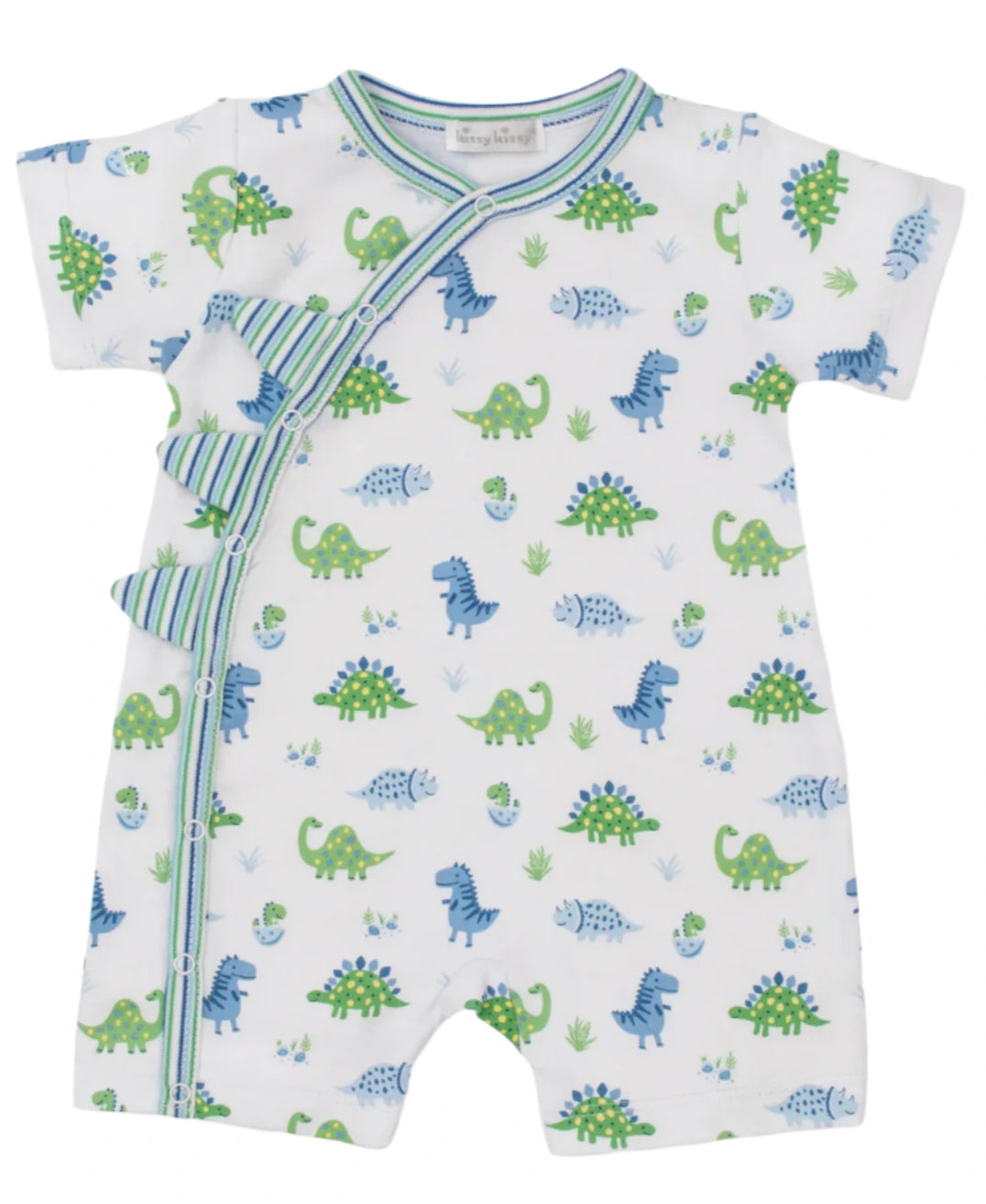 The Baby Boys' Dino District Short Playsuit by Kissy Kissy is made from soft Pima cotton and features a charming blue and green dinosaur print. It has a convenient side snap closure and striped trim, making it perfect for your little one.