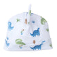 The Kissy Kissy Dinosaur Printed Novelty Hat, from the brand Kissy Kissy, is made from soft Pima cotton and features a delightful dinosaur pattern in green, blue, and brown with cute plant and small animal designs.