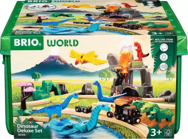 The Brio World Train Set Dinosaur Deluxe Set immerses children in thrilling dino-adventures, combining toy dinosaurs, tracks, and a volcano for a captivating Jurassic-jungle experience. Designed for ages 3 and up by Brio.