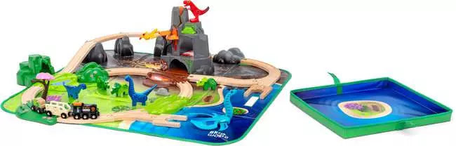 The Brio World Train Set Dinosaur Deluxe Set by Brio provides an immersive dino-adventure with a toy dinosaur playset that includes tracks, vibrant dinosaurs, and a mountain landscape. Everything is conveniently stored in a green case, creating the ideal Jurassic-jungle experience.