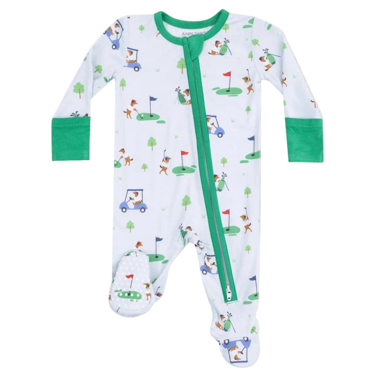 The Angel Dear Baby Boys' 2-Way Zipper Footie showcases a golf-themed print with carts, clubs, flags, and animals, plus green cuffs and a handy 2-way zipper for easy changes.