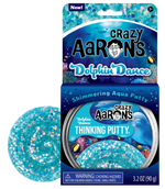 Crazy Aarons Thinking Putty packaging features a clear container displaying a shimmering aqua ball of blue putty with sparkles, ideal for sensory integration activities.