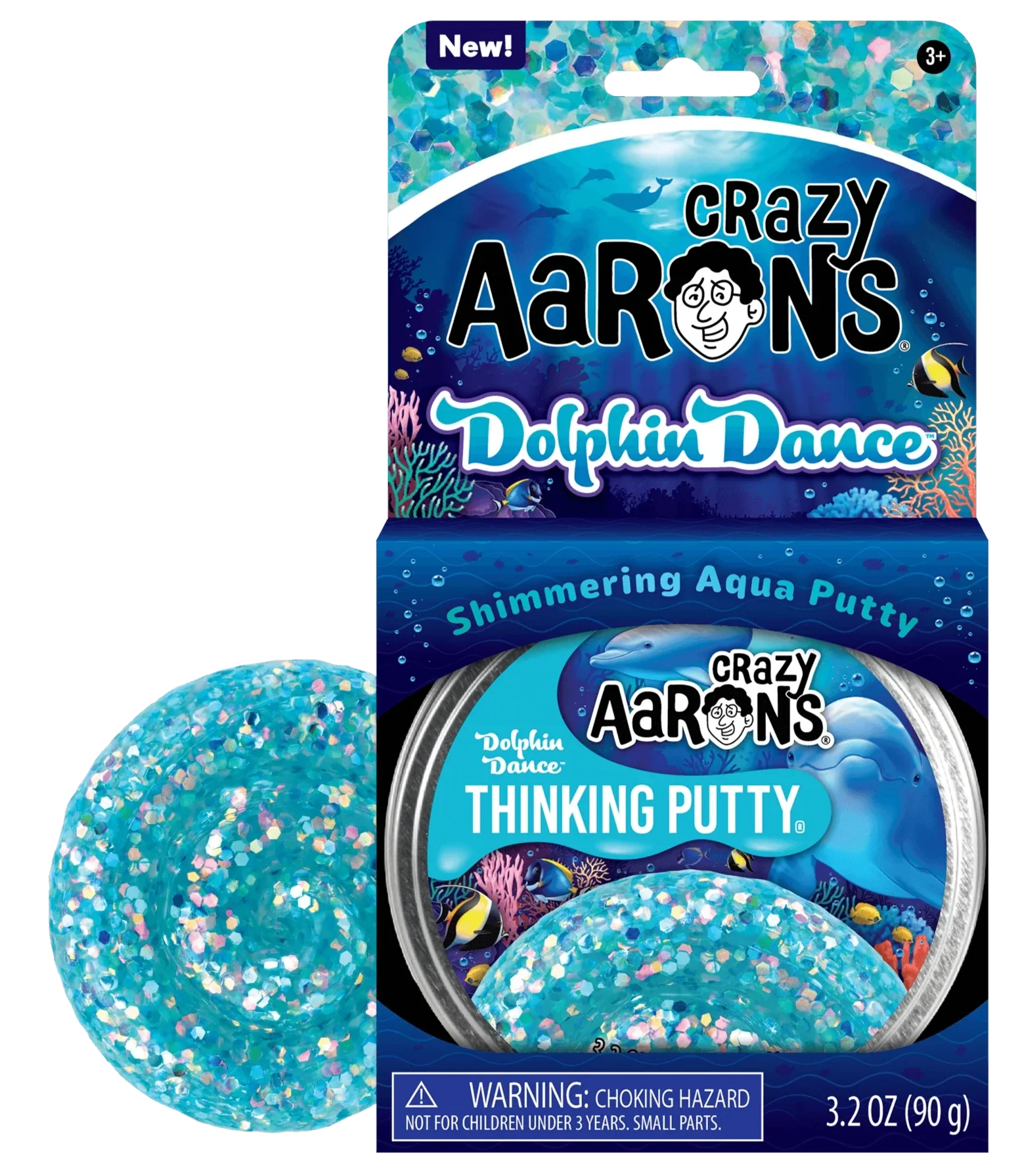 Crazy Aarons Thinking Putty packaging features a clear container displaying a shimmering aqua ball of blue putty with sparkles, ideal for sensory integration activities.