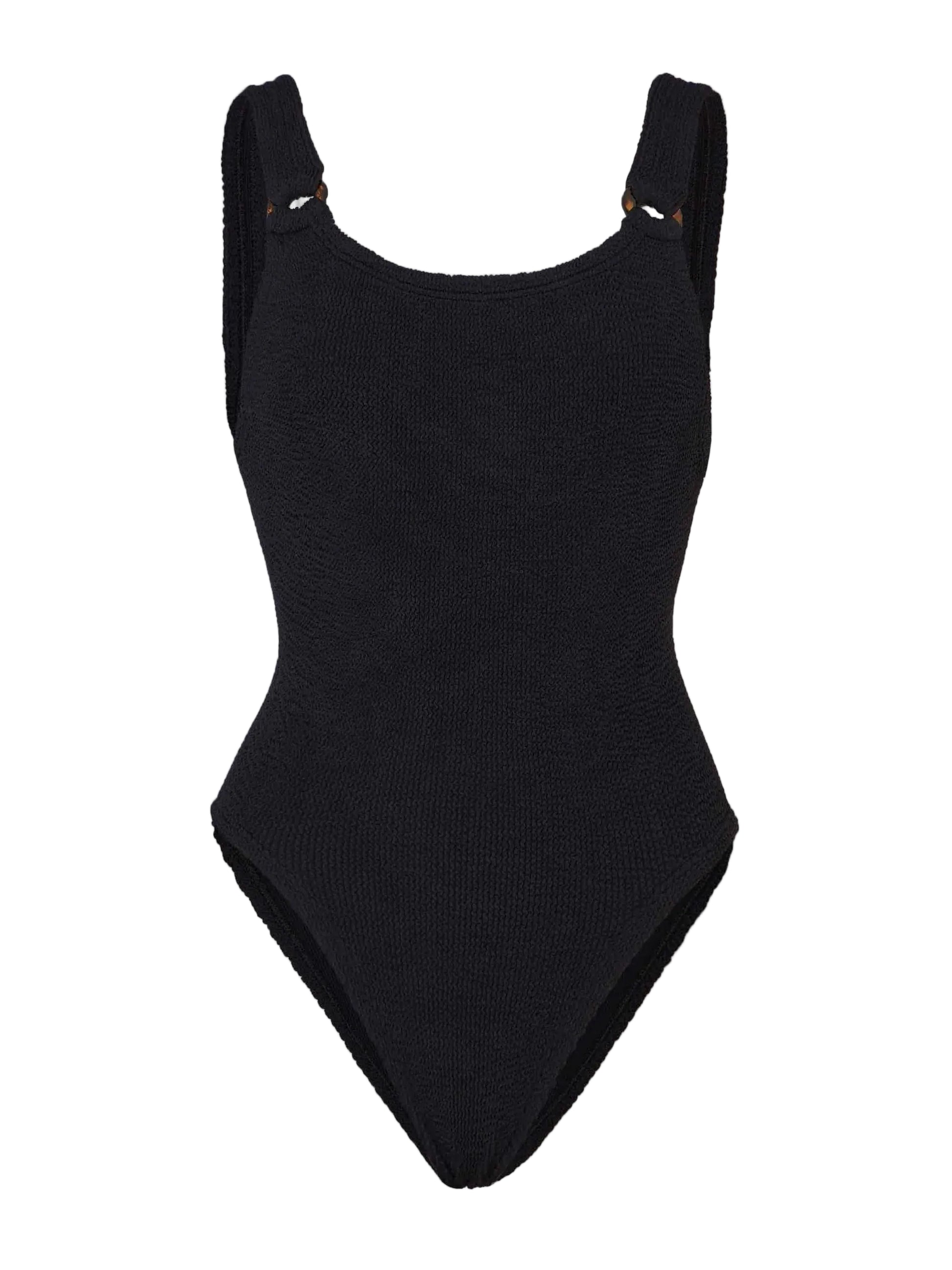 The Hunza G Domino Swim is a black crinkle fabric one-piece swimsuit with wide shoulder straps and a high-cut leg, shown on a white background.