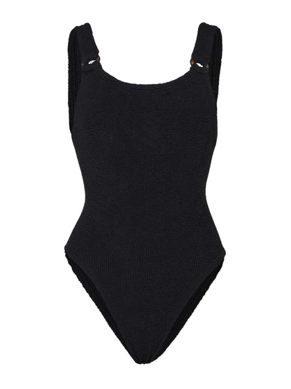 The Hunza G Domino Swim is a black crinkle fabric one-piece swimsuit with wide shoulder straps and a high-cut leg, shown on a white background.