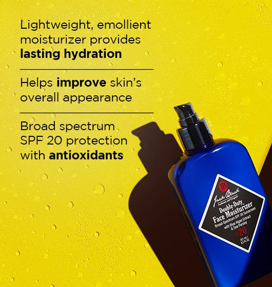 A blue bottle of Jack Black Double-Duty Face Moisturizer displayed on a yellow background, featuring text that highlights hydration, skin improvement, broad-spectrum SPF 20 protection, and antioxidant benefits.