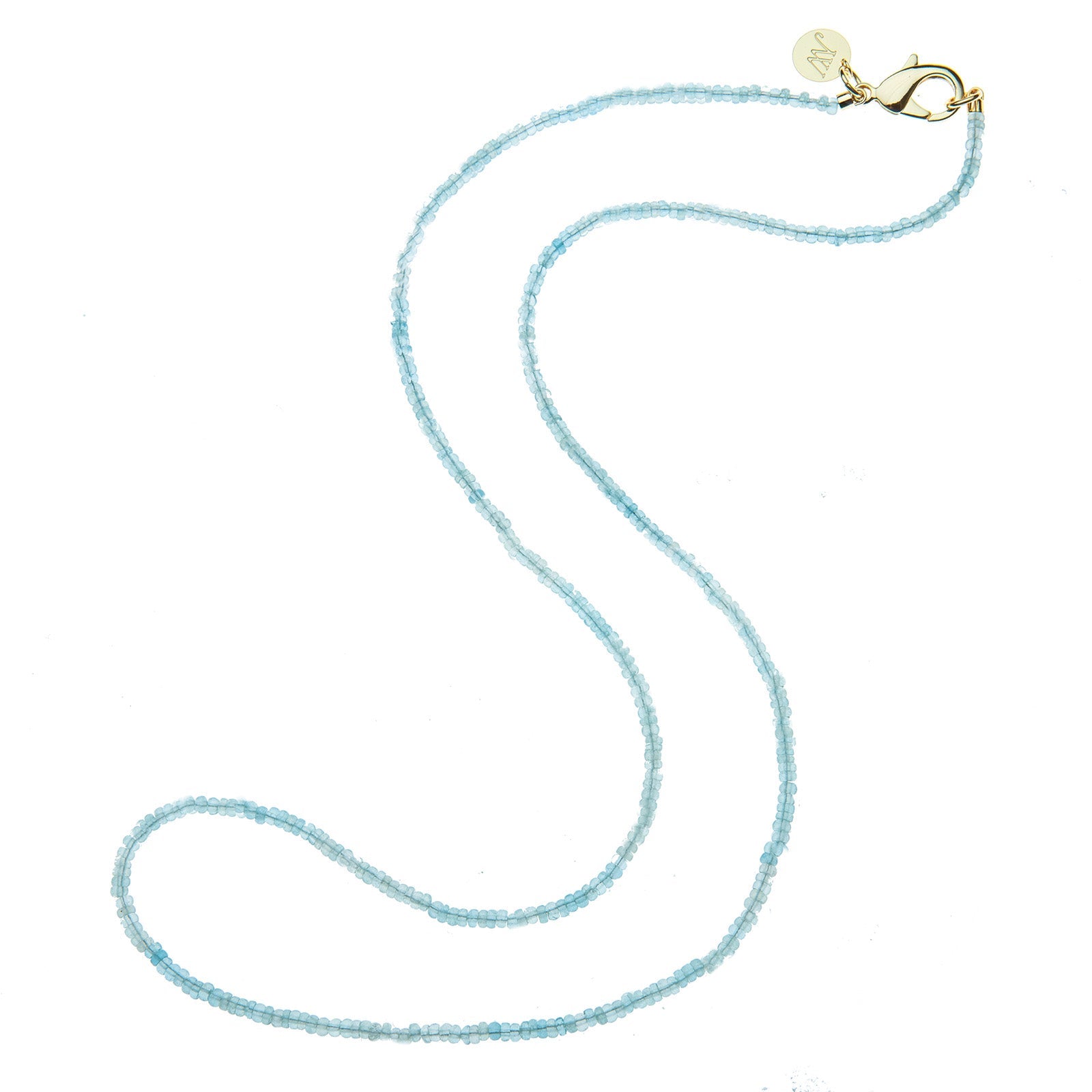 Introducing the Jane Win Double Wrap Beaded Necklace: a delicate, double-strand necklace featuring small light blue beads, finished with a gold clasp and a round gold tag, beautifully displayed on a white background.