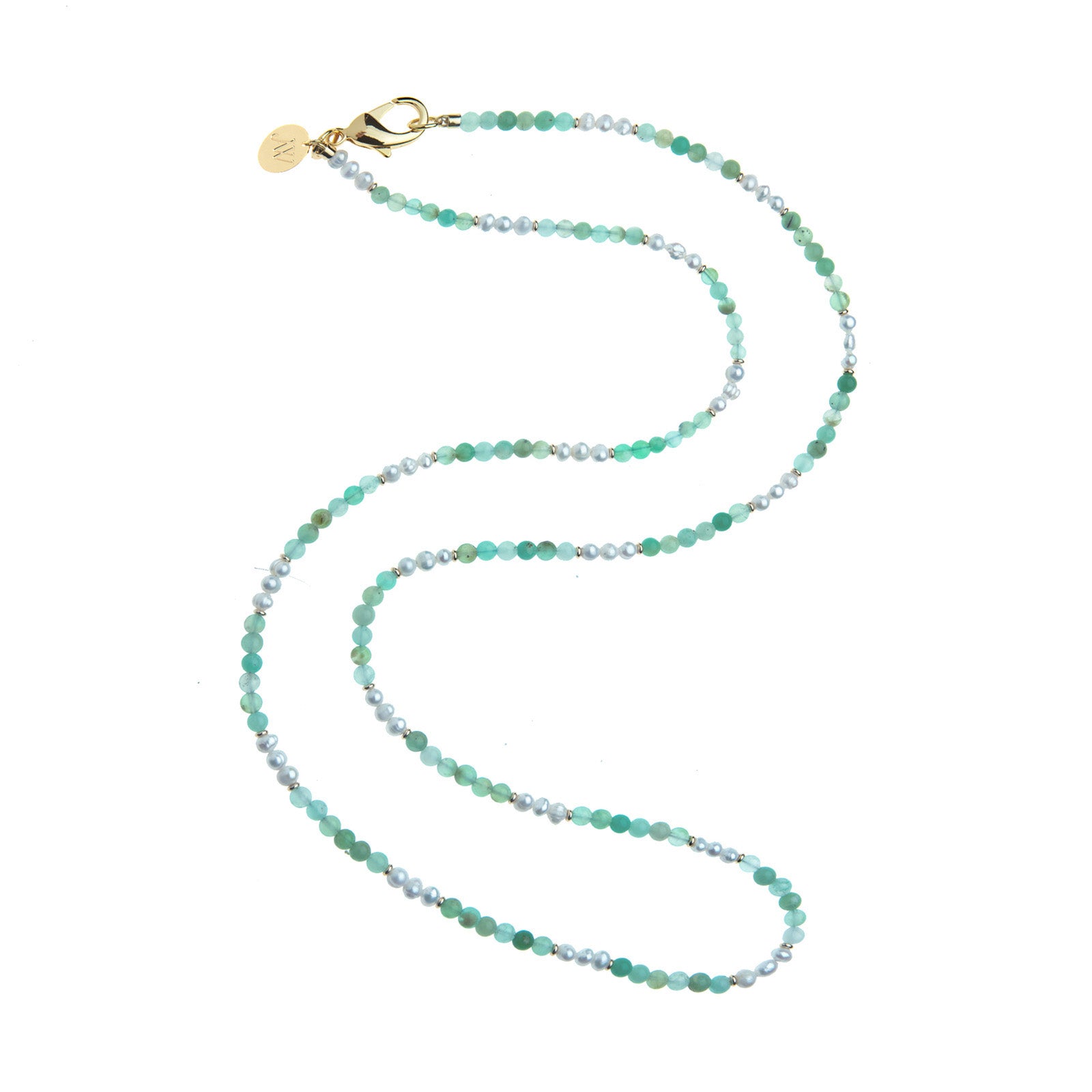 The Jane Win Double Wrap Beaded Necklace is a versatile accessory featuring alternating green and white beads, finished with a gold clasp and a round gold tag, shown against a white background.