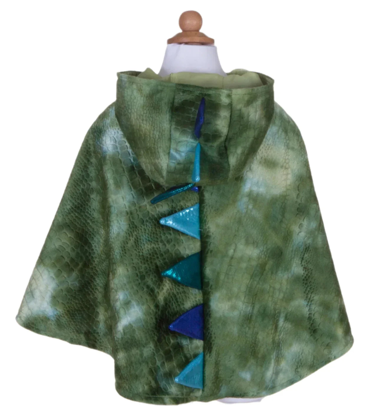 Displayed on a mannequin, the Great Pretenders Dragon Cape by Great Pretenders showcases a green cloak with a reptile pattern and an attached hood. It is adorned with blue and teal triangular spikes along the back, and its enchanting scales design is enhanced by a luxurious soft crushed velvet finish.