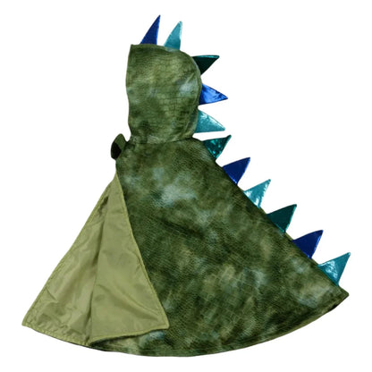 Great Pretenders' Dragon Cape with Claws in Green is crafted from textured velour, features a hood, blue spikes along the back, and is lined with lighter green fabric.