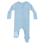 The Angel Dear Rib Zipper Footie by Angel Dear is a light blue, long-sleeve, footed baby onesie made from soft bamboo fiber fabric. It features a diagonal front zipper, non-slip grip patches on the feet, and convenient fold-over cuffs for added protection.