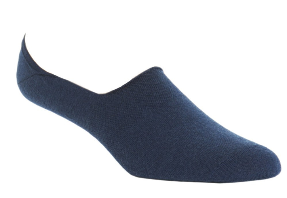 A single Dapper Classics High Vamp No Show Sock in dark blue, crafted from lightweight material, is displayed against a white background.