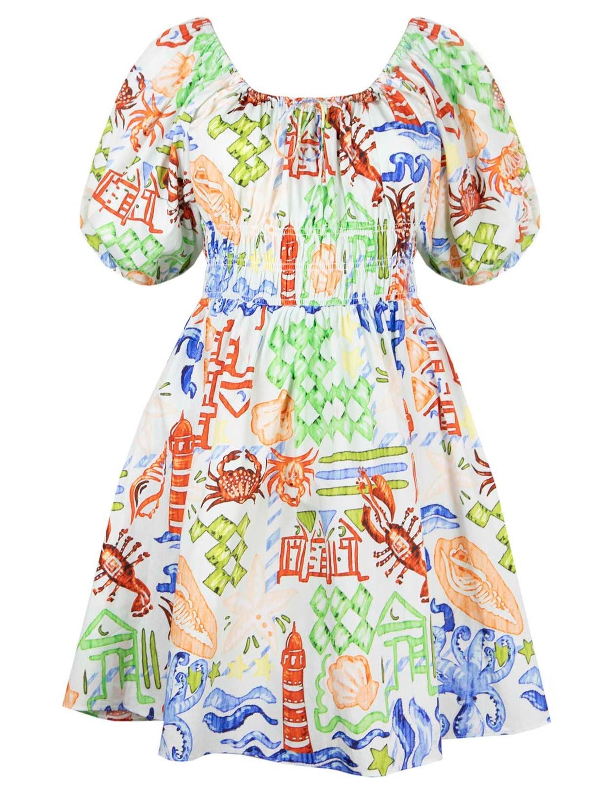 Hunter Bell NYC Drew Dress featuring a vibrant, multi-colored pattern with whimsical designs, including animals and architectural elements, and a smocked elastic waist.