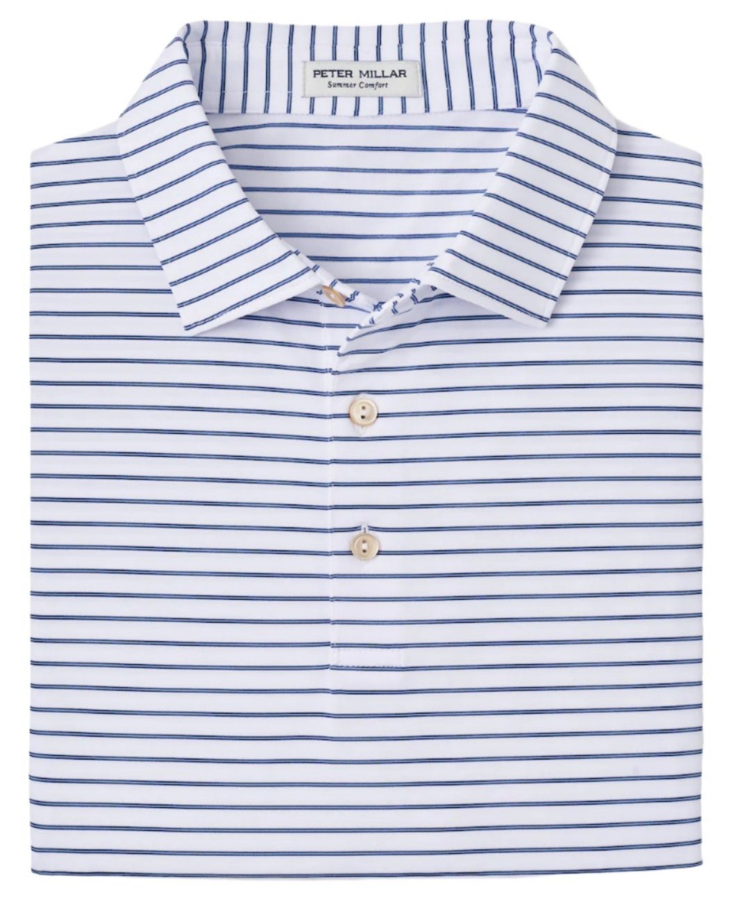 A neatly folded Peter Millar Drum Performance Jersey Polo, designed with blue horizontal stripes and two buttons, is displayed on a white background. This polo offers UPF 50+ sun protection and moisture-wicking properties for optimal comfort.