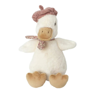 Colette the Duck by Mon Ami, featuring beige feet, a floral scarf, and a mauve beret, sits against a white background.