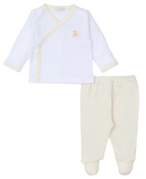 The Kissy Kissy Premier Duckling Hand Embroidered Footed Pant Set is an adorable baby outfit featuring a white wrap-style top with a charming small yellow duck print and cream-colored footed pants. Crafted from soft Pima Cotton, it ensures extra comfort and is designed for easy changing, making it the perfect blend of practicality and style for your little one.