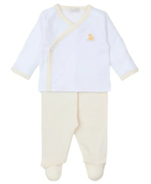 The Kissy Kissy Premier Duckling Hand Emb. Footed Pant Set from Kissy Kissy is an adorable baby outfit featuring a white wrap-style top with a charming yellow duck design and matching cream footed pants, all made from soft Pima Cotton for comfort and easy changing.