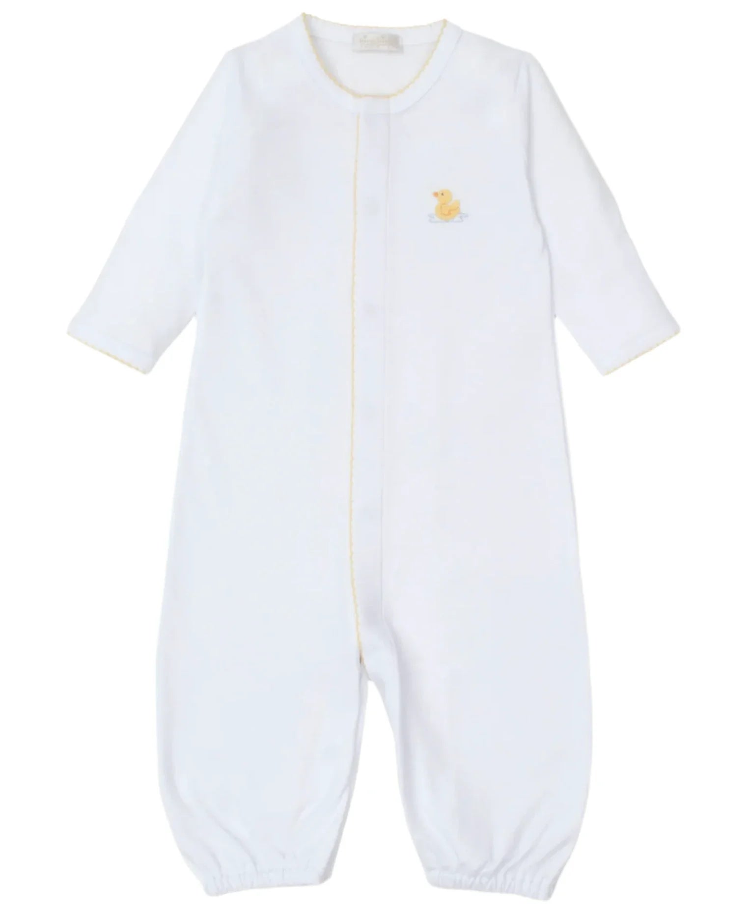 Introducing the Kissy Kissy Premier Duckling Hand Embroidered Convertible Gown, crafted in soft Pima cotton with delightful yellow duck embroidery on the chest. This charming gown features long sleeves and convenient snap buttons, making it a perfect blend of comfort and style for your baby.