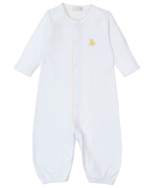 Introducing the Kissy Kissy Premier Duckling Hand Embroidered Convertible Gown, crafted in soft Pima cotton with delightful yellow duck embroidery on the chest. This charming gown features long sleeves and convenient snap buttons, making it a perfect blend of comfort and style for your baby.