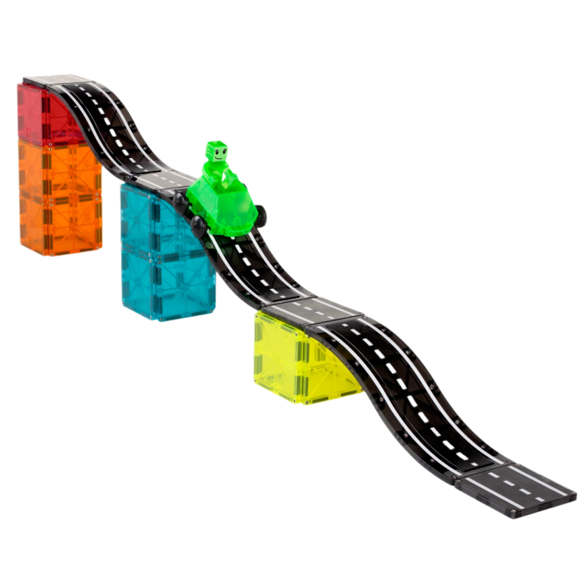 A toy car races on a black plastic track with curves and slopes, supported by orange, blue, and yellow pieces from the Magnatiles Downhill Duo 40-Piece Set—igniting imagination and STEAM learning.