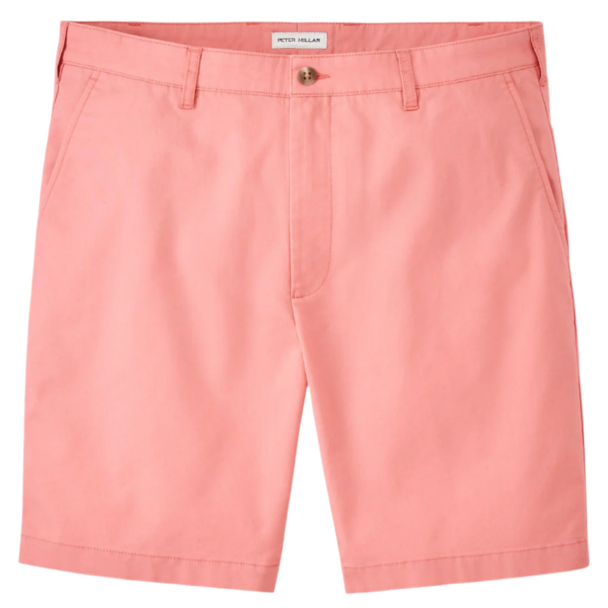 Peter Millar's Crown Comfort Short offers pink cotton shorts with a button and zip closure, complete with belt loops and pockets, crafted from durable plain weave fabric for lasting style.