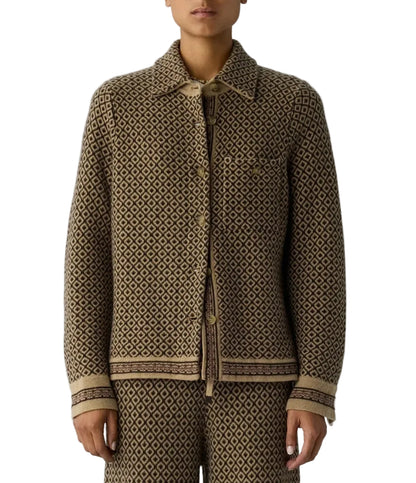 A person is wearing a matching set of patterned brown and beige jacket and pants, styled with the relaxed-fit Dylan Marquise Shirt by Guest in Residence, standing facing forward against a white background.