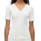 A person is shown wearing the 3.1 Phillip Lim Compact Rib V-Neck Top, a white short-sleeved piece that exemplifies wardrobe essentials with its flattering fit, set against a plain background and captured from the shoulders to the waist.