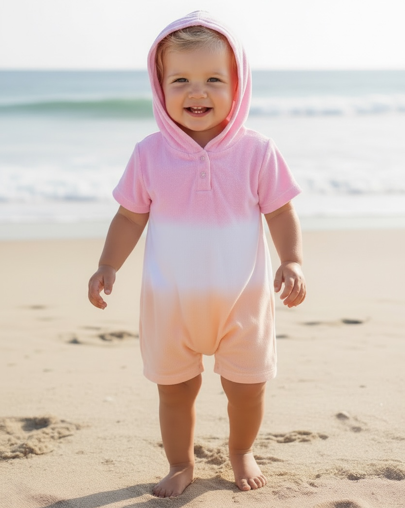 A toddler wearing the Feather 4 Arrow Baby Girls’ Finn Romper stands barefoot on the beach, smiling, with the ocean waves in the background.