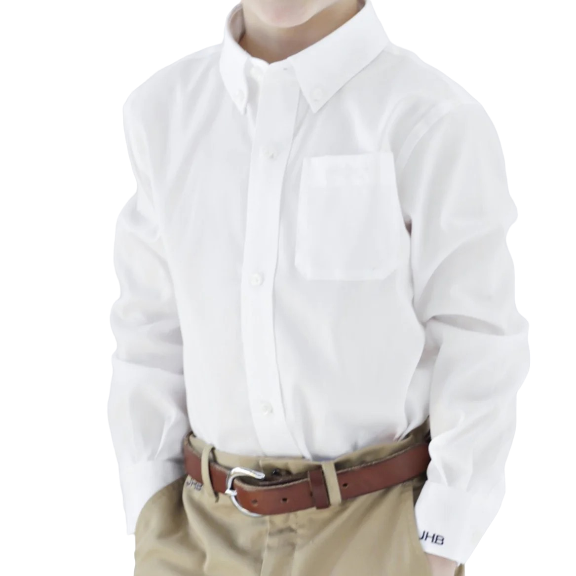 A person wearing a white button-down shirt made of Supima Cotton, tucked into beige trousers, complemented by a Brown Bowen & Co. Arrow Cotton Dress Shirt featuring a Bowen Arrow logo. The image shows only the torso and lacks a visible head.