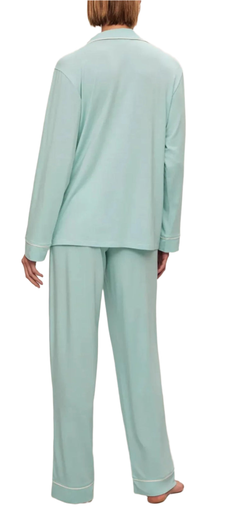 A person in the Eberjey Gisele Long PJ Set, a relaxed long sleeve set, stands barefoot facing away from the camera against a white background.