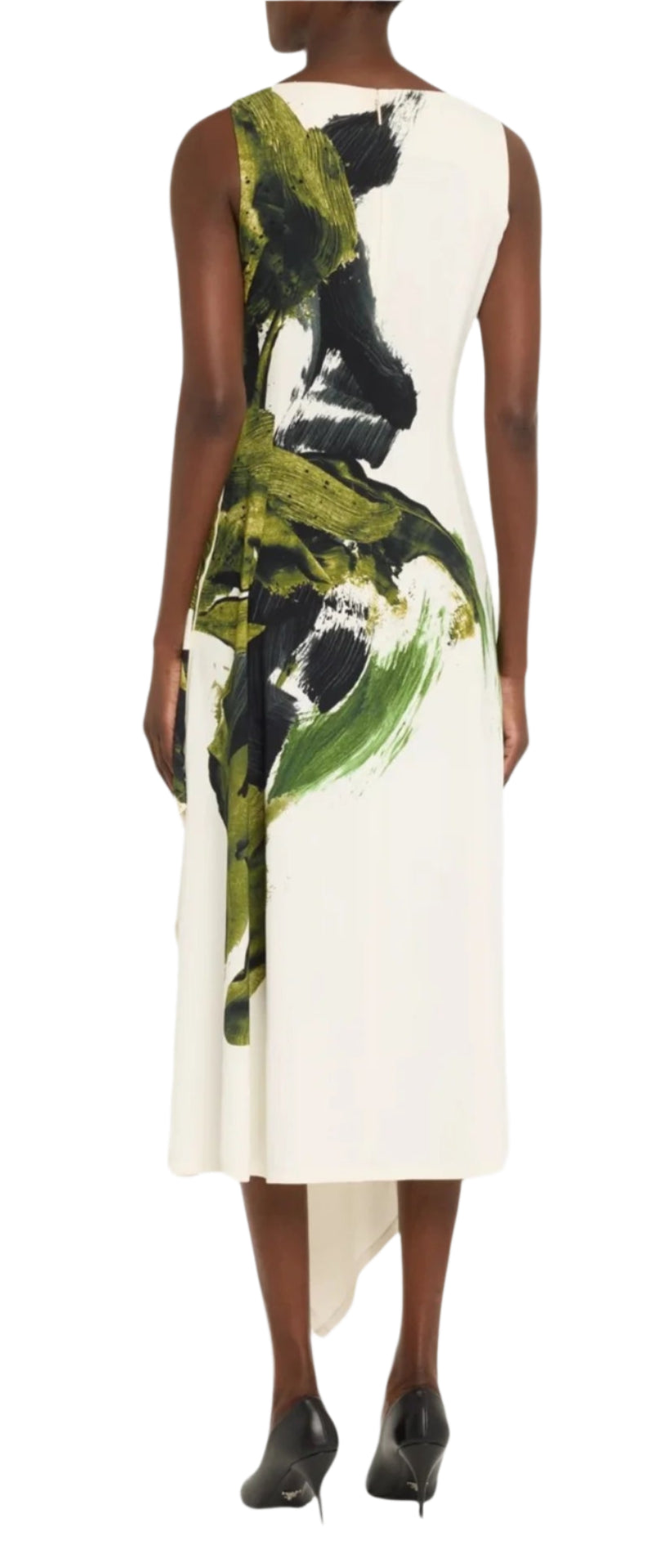 Rear view of a person in a Jason Wu Collection Boatneck Fit and Flare Crepe Dress, showcasing an abstract green and black brushstroke print, elegantly paired with black heels.