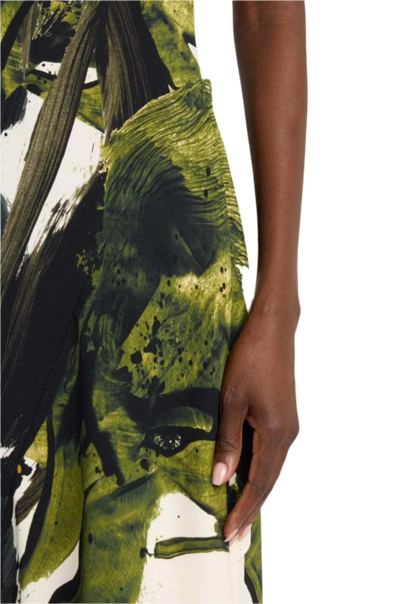 A close-up of a person in the Jason Wu Collection Boatneck Fit and Flare Crepe Dress, featuring a green and black abstract brushstroke print. Only the arm and side are visible against a white background, highlighting the elegant contours of this design.