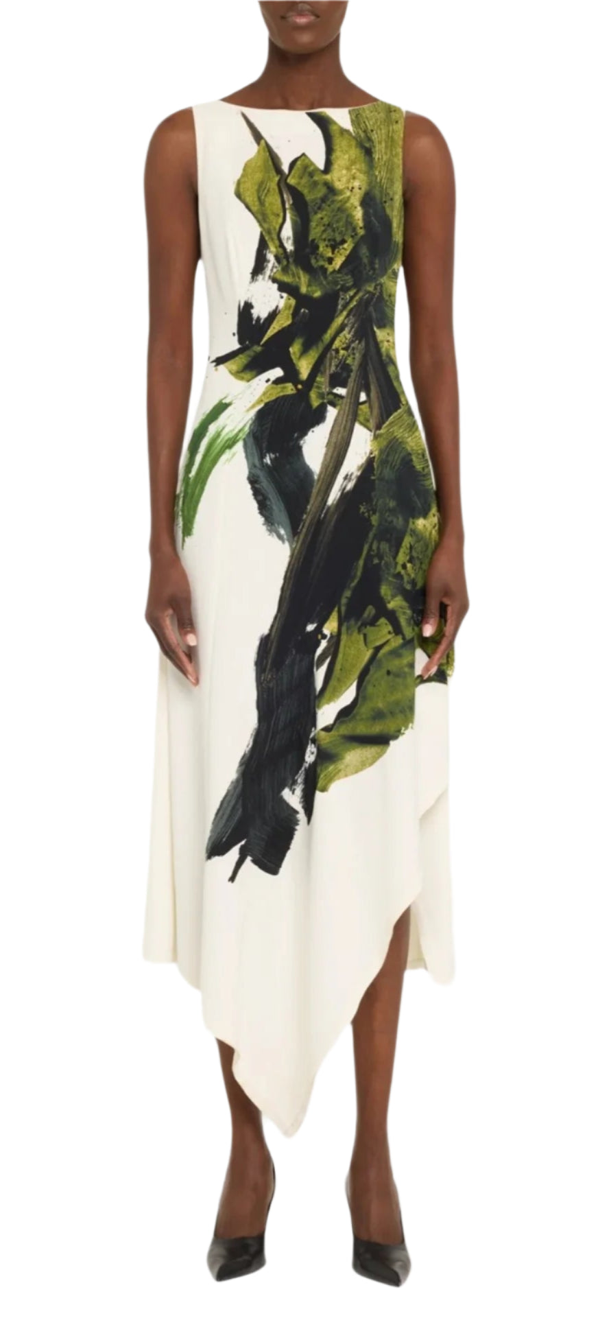 Someone is elegantly wearing the Jason Wu Collection Boatneck Fit and Flare Crepe Dress, an asymmetrical crepe piece with a striking black and green abstract brushstroke print, perfectly paired with black heels.