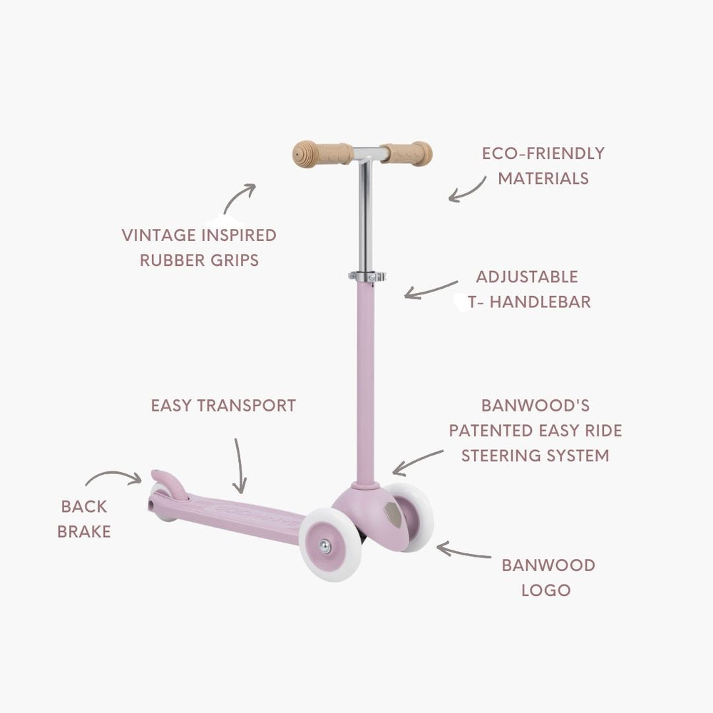 Banwood Kids’ Eco Scooter with Basket—crafted from recycled plastic for a sustainable ride—features vintage-inspired rubber grips, eco-friendly materials, an adjustable T-handlebar, convenient back brake, patented steering system, easy transport design, and the signature Banwood logo.