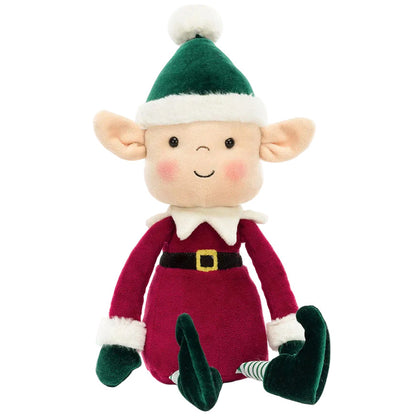 Jellycat Eldo Elf plush doll wearing a dark red tunic, green hat with a white pom-pom, and striped leggings, sitting upright.
