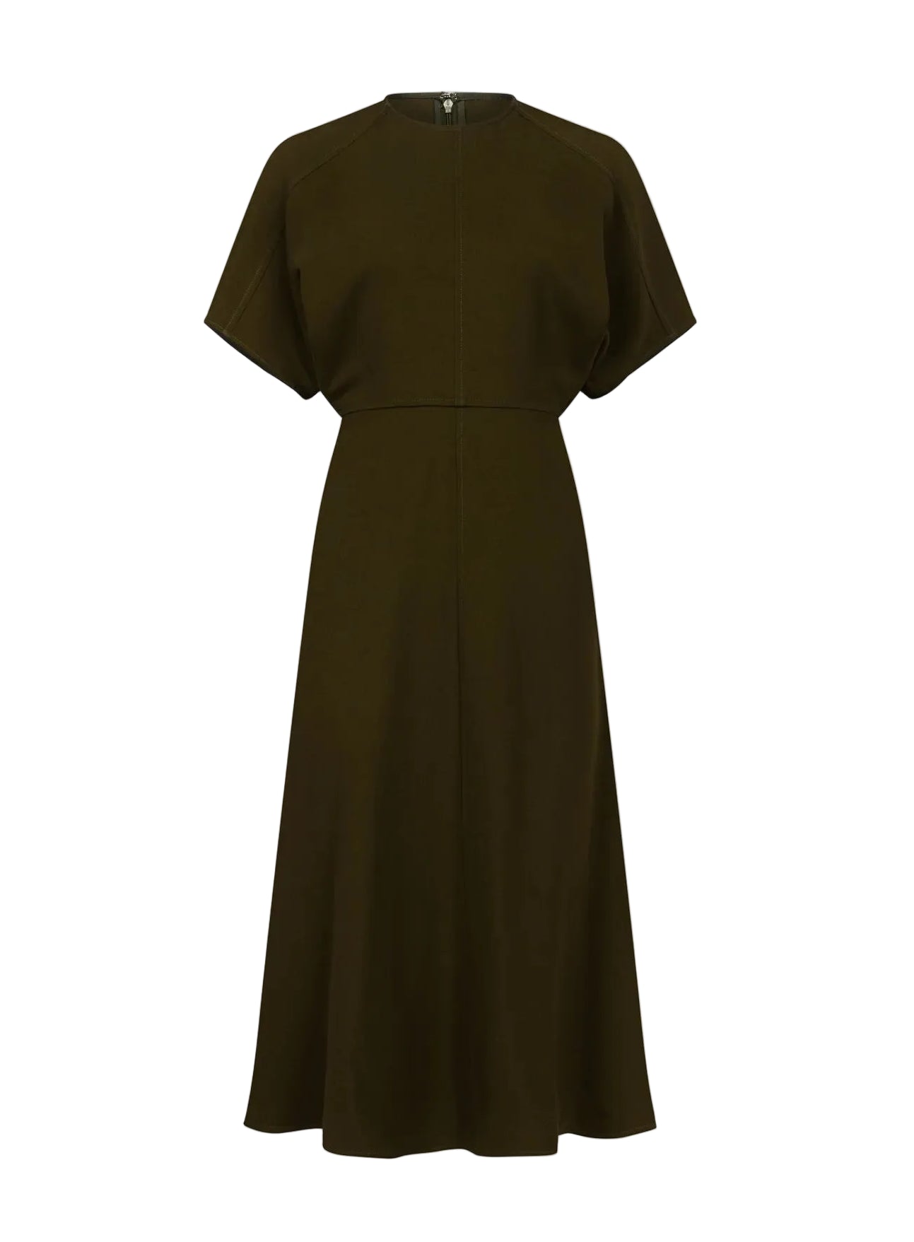 The Eleanor Midi Dress by Victoria Beckham is a dark olive green, short-sleeved, midi-length dress crafted from fluid cady with a draped silhouette. It features a fitted waist and a back zipper, and is displayed on a plain white background.